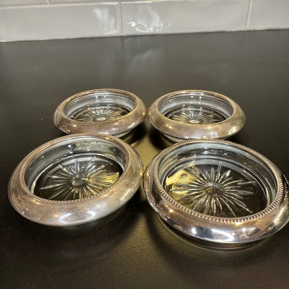 Frank M Whiting Coasters Set of 4 Silver Beaded Rim Starburst Glass Vintage 4in
